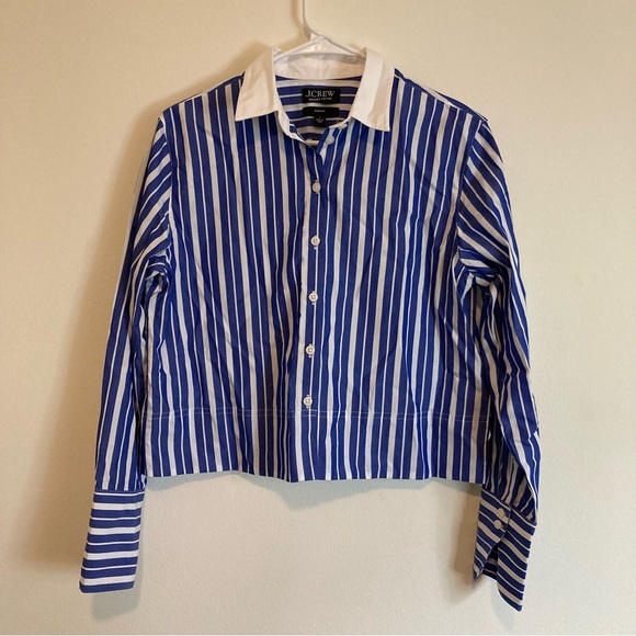 J. Crew Organic Cotton Garçon Button Down Blouse Pin Stripe Chic Preppy Cropped - Picture 4 of 9